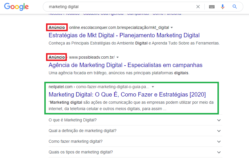 Exemplo de resultados que aparecem no topo do Google